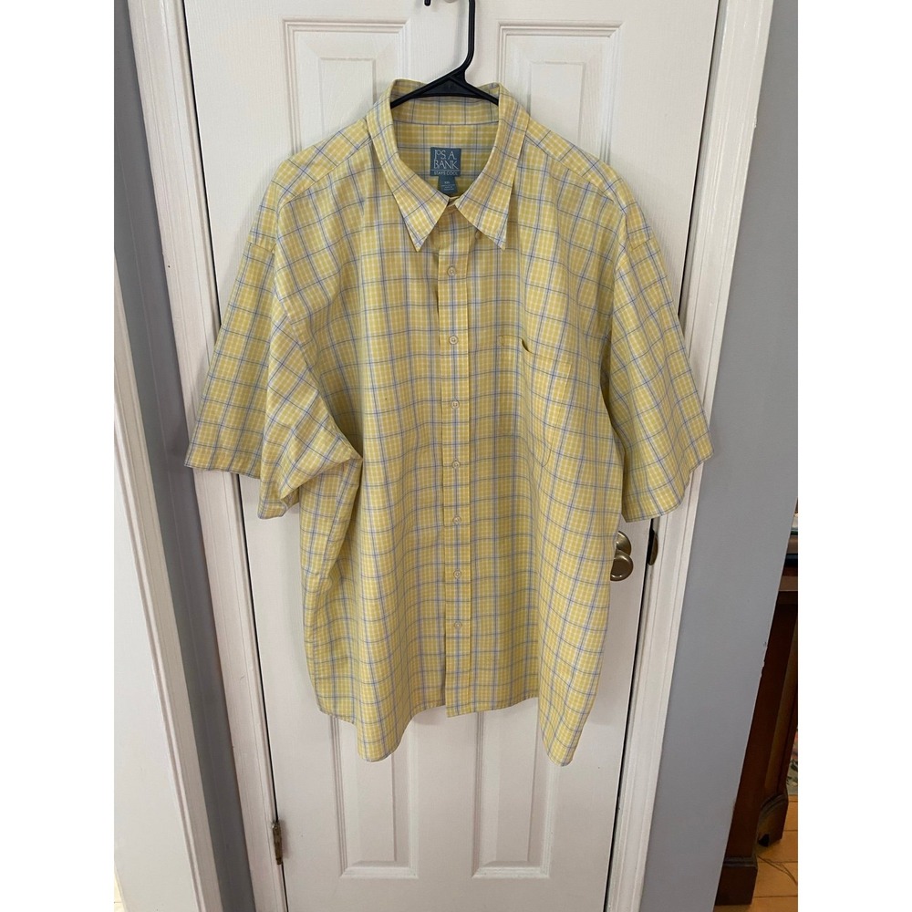 Jos. A. Bank Button Down Men XXL Yellow Plaid Stays Cool Short Sleeve Cotton